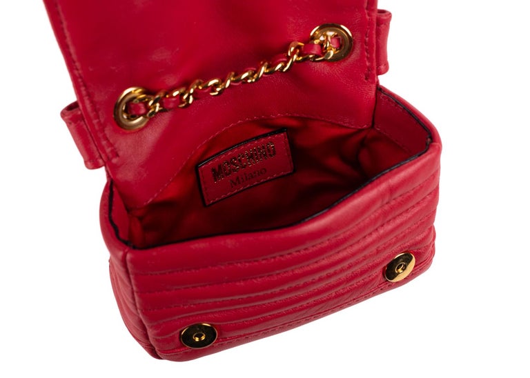 Moschino Red Leather Mini Moto Jacket Chain Shoulder Bag For Sale at