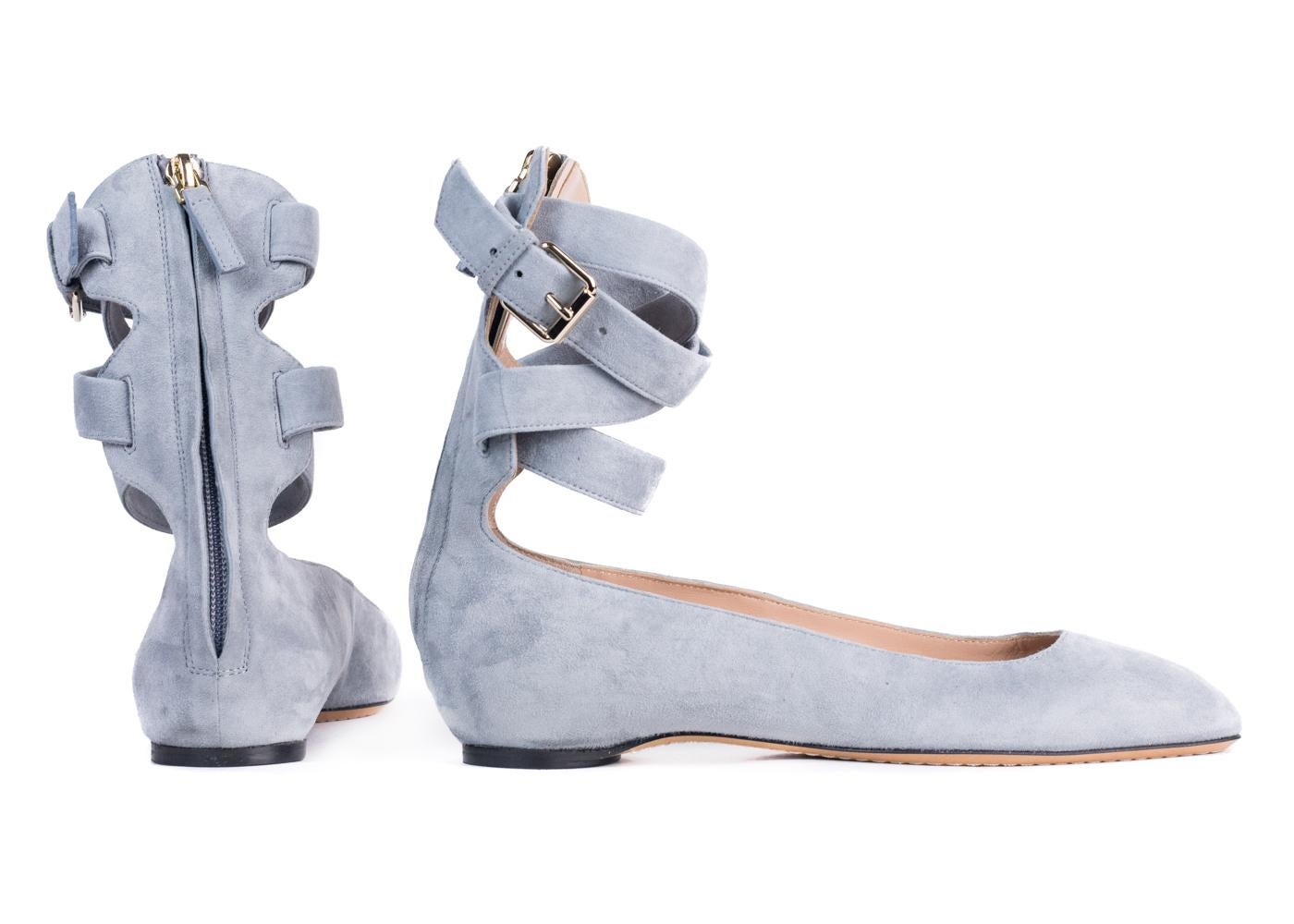 Women's Valentino Blue Gray Suede Strappy Ankle Ballerina Flats  For Sale
