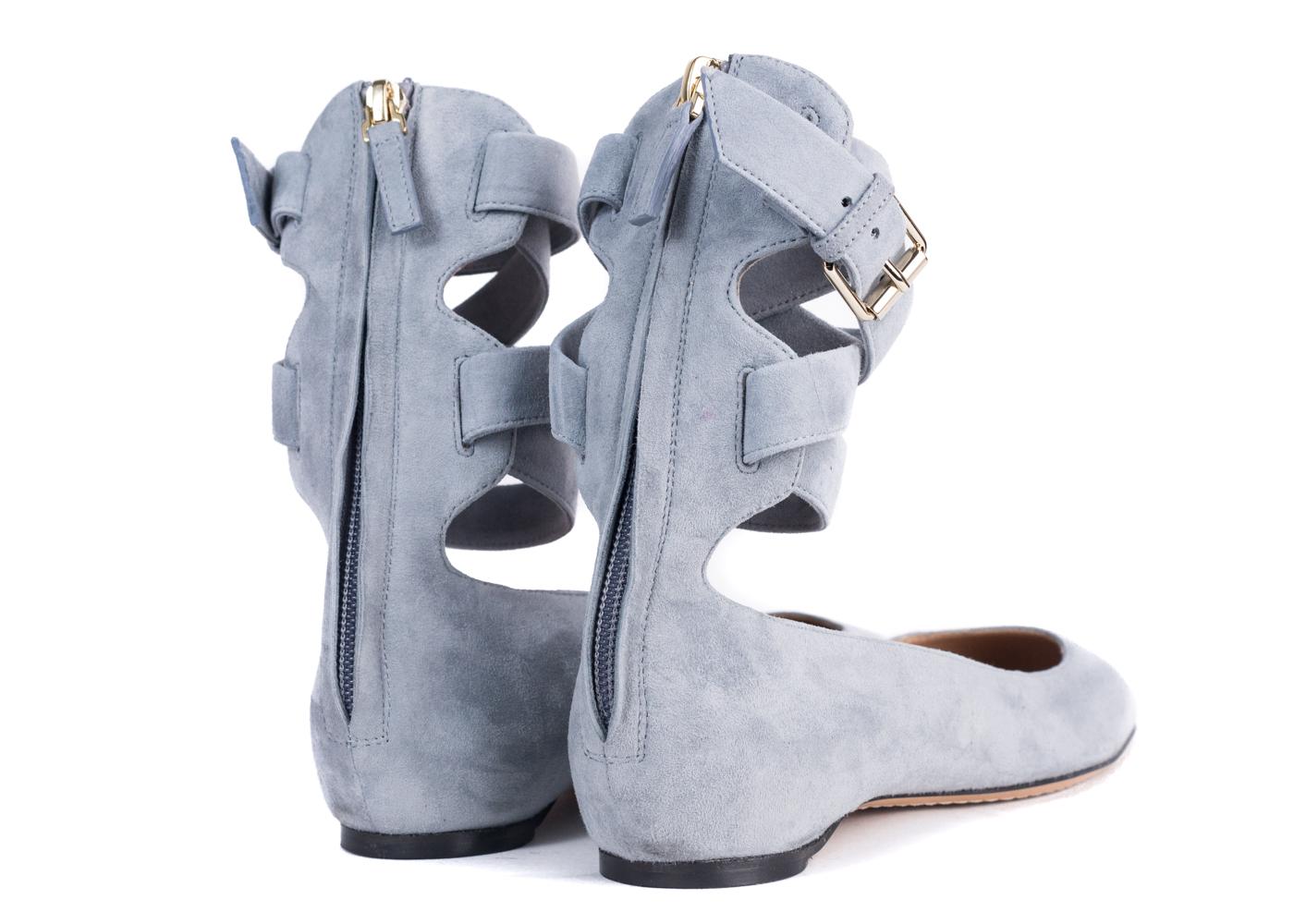 Valentino Blue Gray Suede Strappy Ankle Ballerina Flats  In New Condition For Sale In Brooklyn, NY