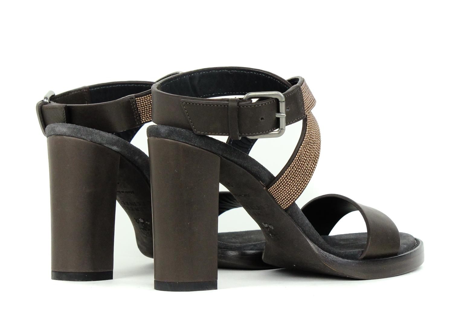 Black Brunello Cucinelli Brown Leather Monili Ankle Strap Pumps  For Sale
