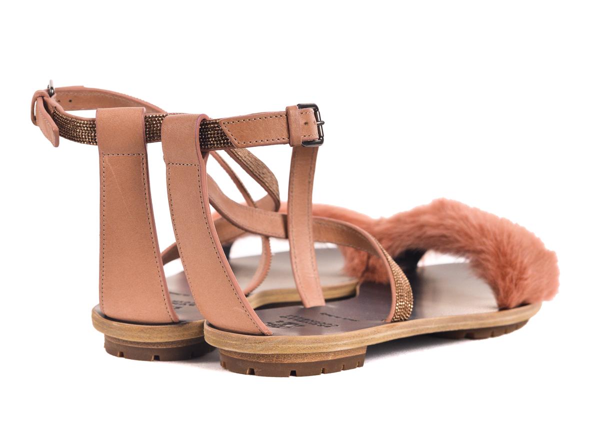 Brown Brunello Cucinelli Womens Tan Leather Mink Fur Flat Sandals For Sale