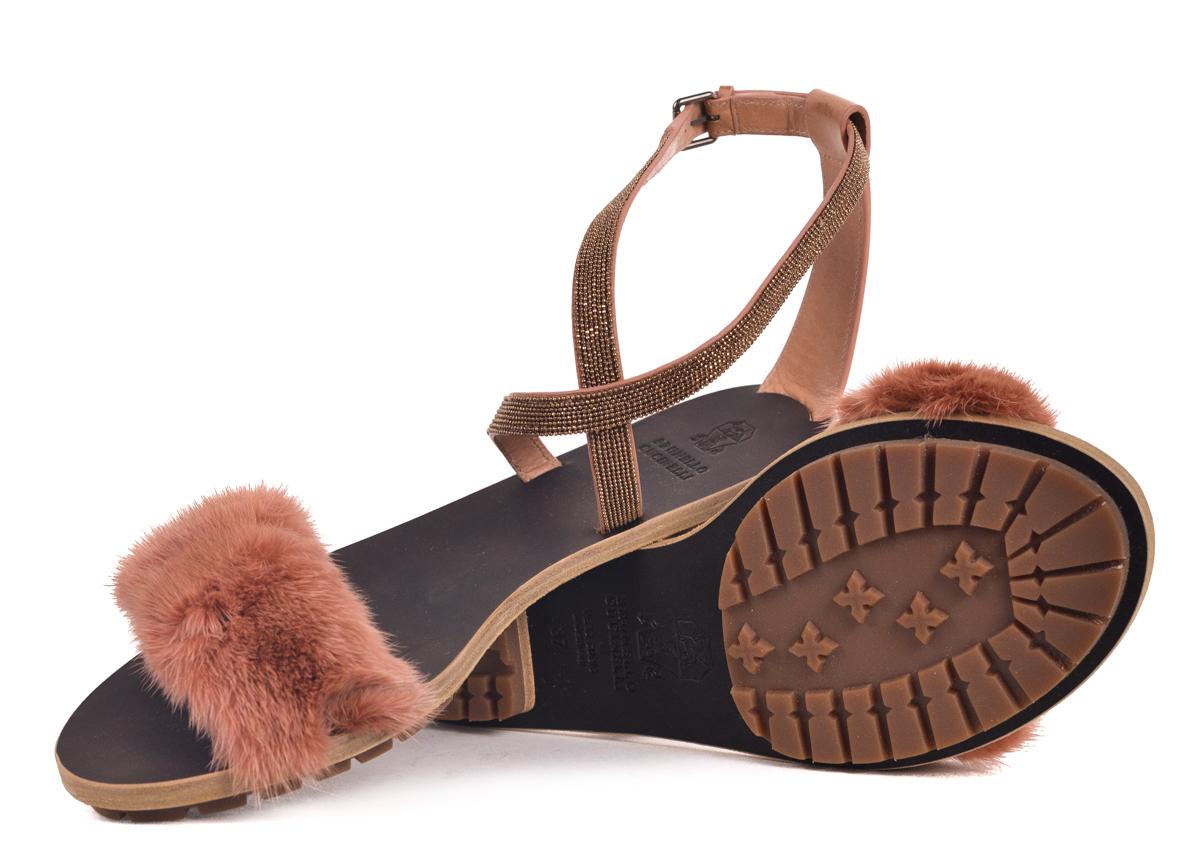 Women's Brunello Cucinelli Womens Tan Leather Mink Fur Flat Sandals For Sale