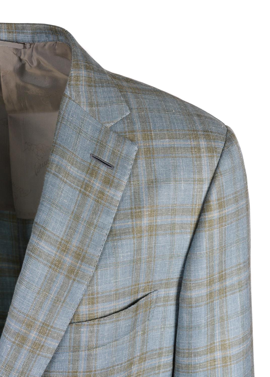 Display your artistic air in your Brioni Brunico Sportscoat. Walk into the season with cool confidence in your light blue based, wool, silk and linen blended, grey infused checkered sportscoat. This unit can be paired with slim trousers to assist in
