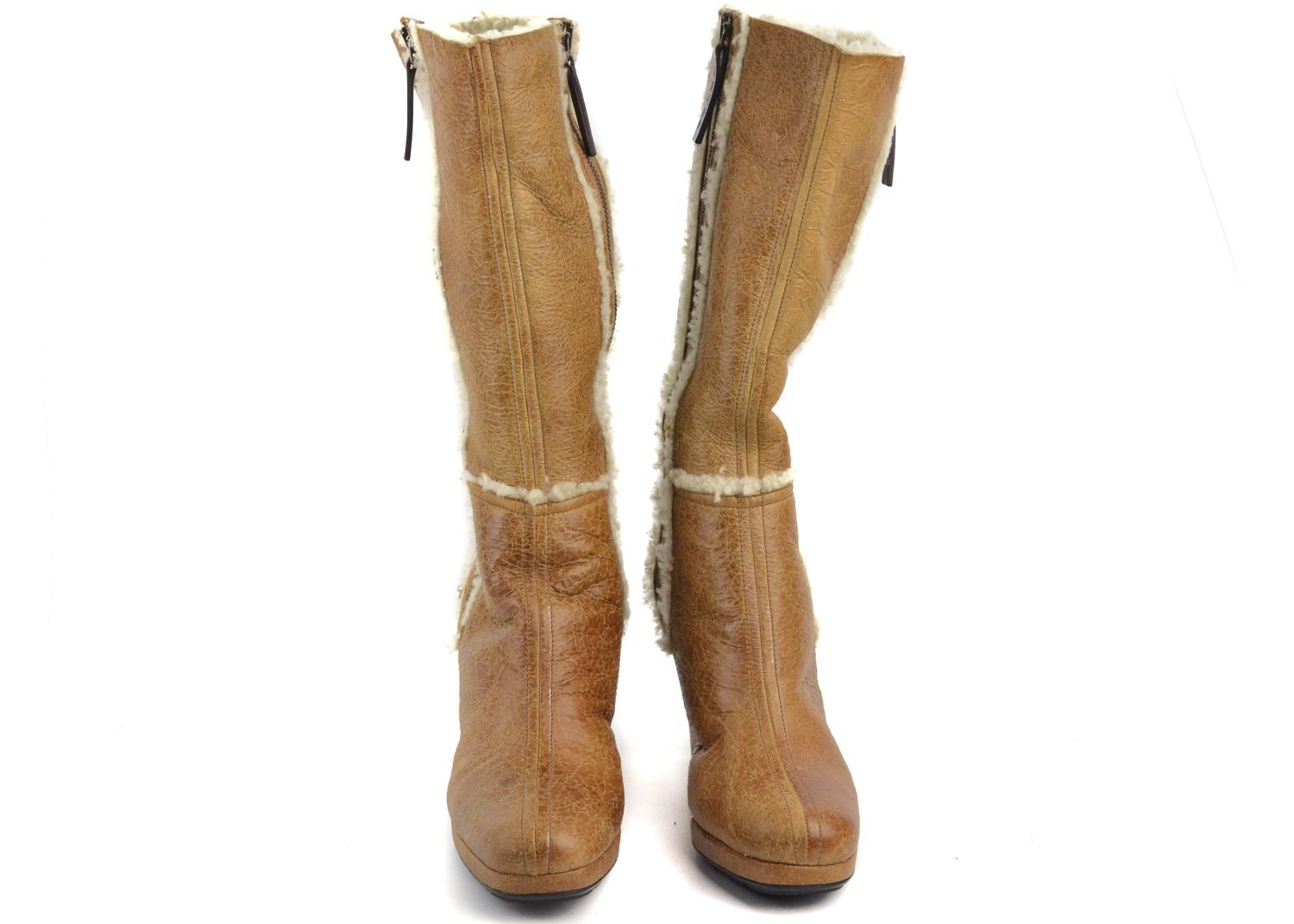 Prada Women's Brown Leather Shearling Fur Knee-High Wedge Boots In New Condition For Sale In Brooklyn, NY