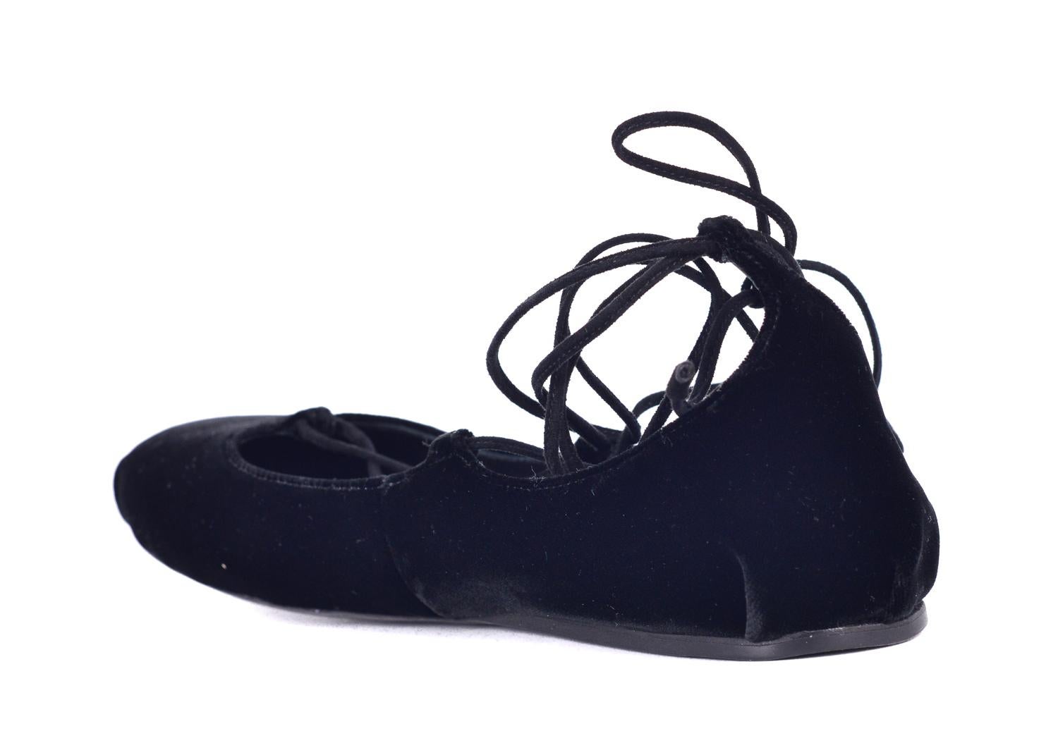 Prada Women's Black Velvet Lace Up Round Toe Ballerina Flats For Sale 1