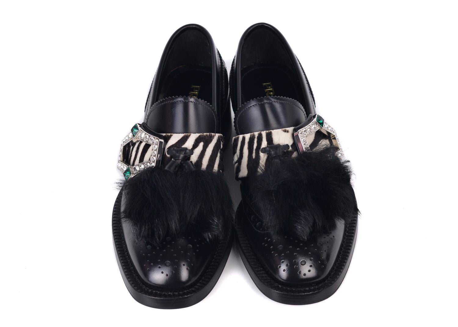 Prada Womens Black Leather Zebra Fur Tassel Crystal Buckle Oxfords In New Condition For Sale In Brooklyn, NY