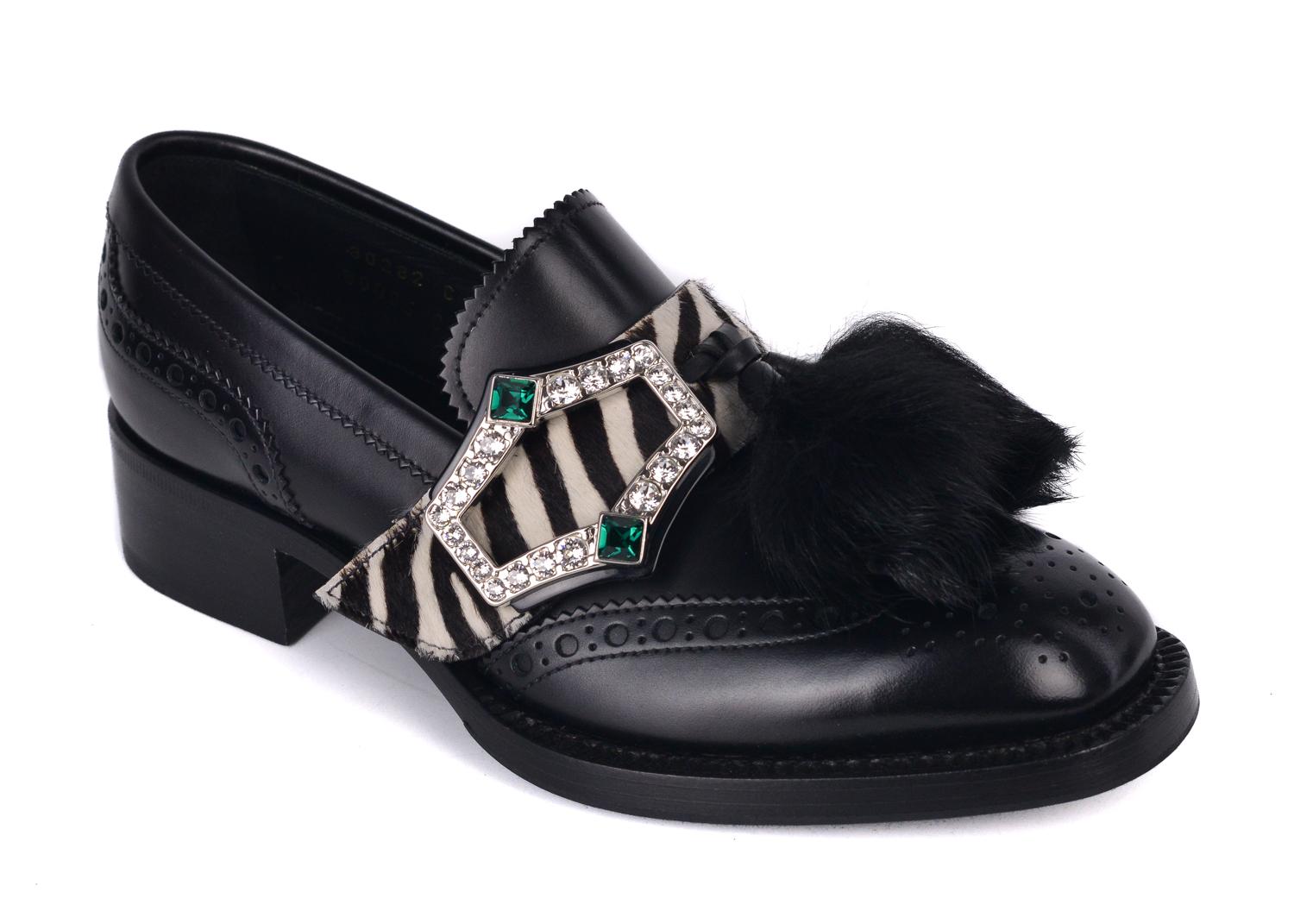 Women's Prada Womens Black Leather Zebra Fur Tassel Crystal Buckle Oxfords For Sale