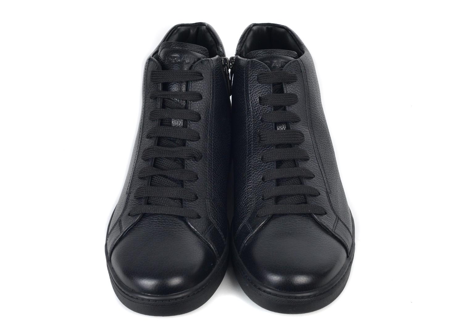 Men's Prada Black Mens Grained Leather Lace Up High Top Sneakers For Sale