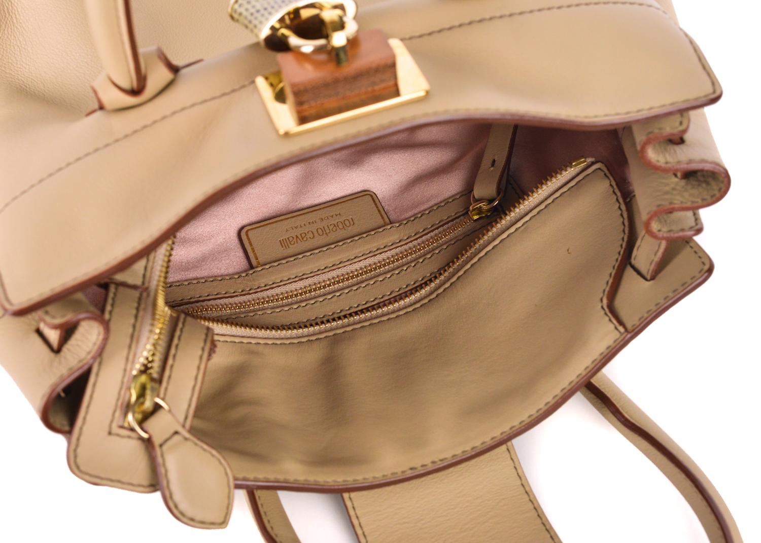 Brown Roberto Cavalli Women's Nude Leather Snakeskin Padlock Zip Tote Handbag For Sale