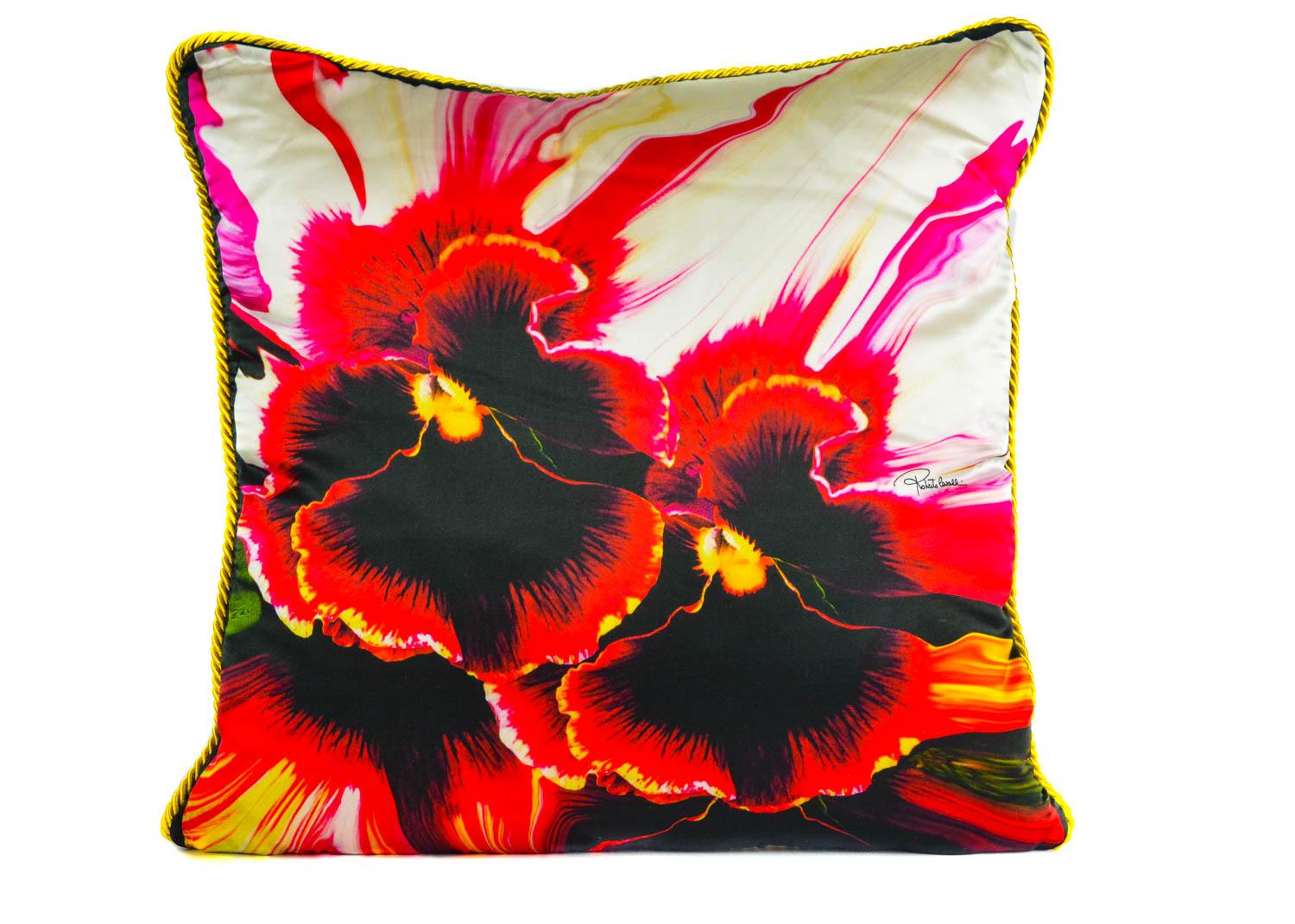 Red Roberto Cavalli Home Orchid Print Silk Square Decorative Cushion For Sale