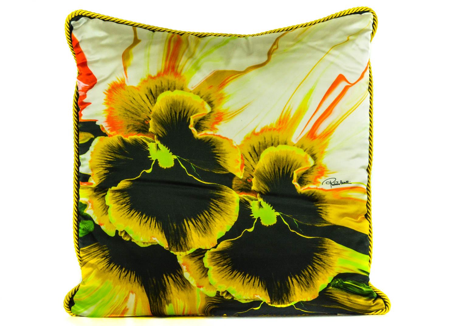 Brown Roberto Cavalli Home Orchid Print Silk Square Decorative Cushion For Sale