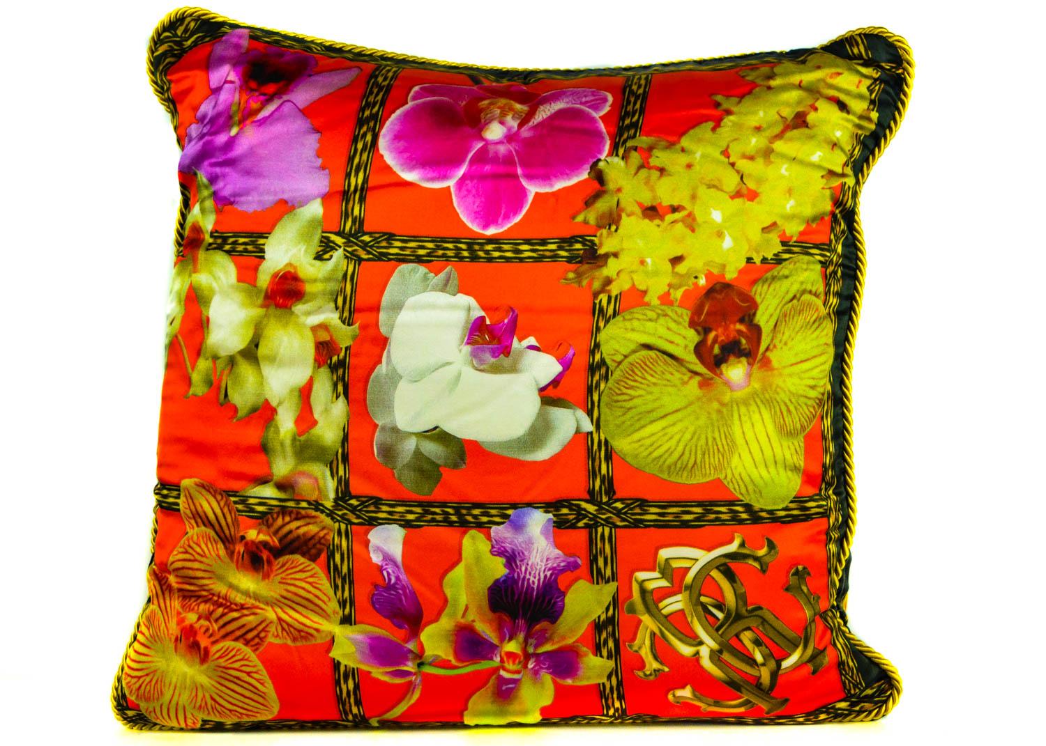 Add elegance to the home with this orchid print patterned foulard cushion from Roberto Cavalli. Adorned with a chic orange background, this cushion features a striking different kind orchid pattern and border detail. Made from indulgent 100% silk,