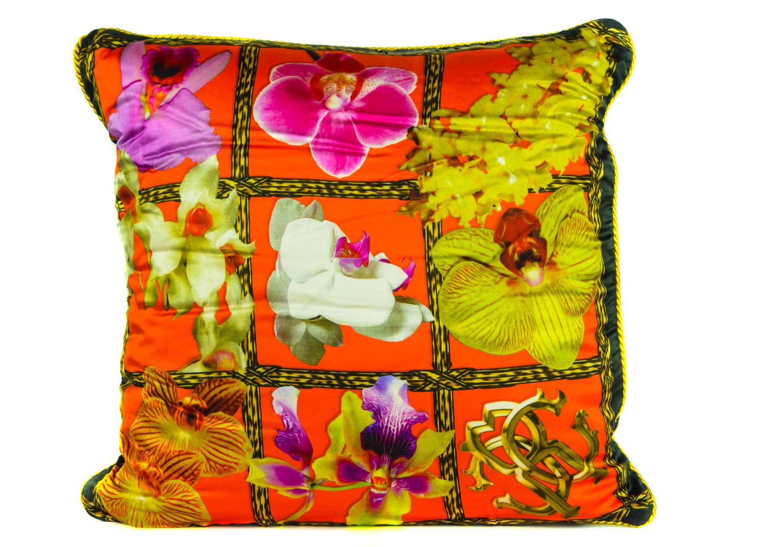Roberto Cavalli Home Orchid Print Silk Square foulard Cushion In New Condition For Sale In Brooklyn, NY