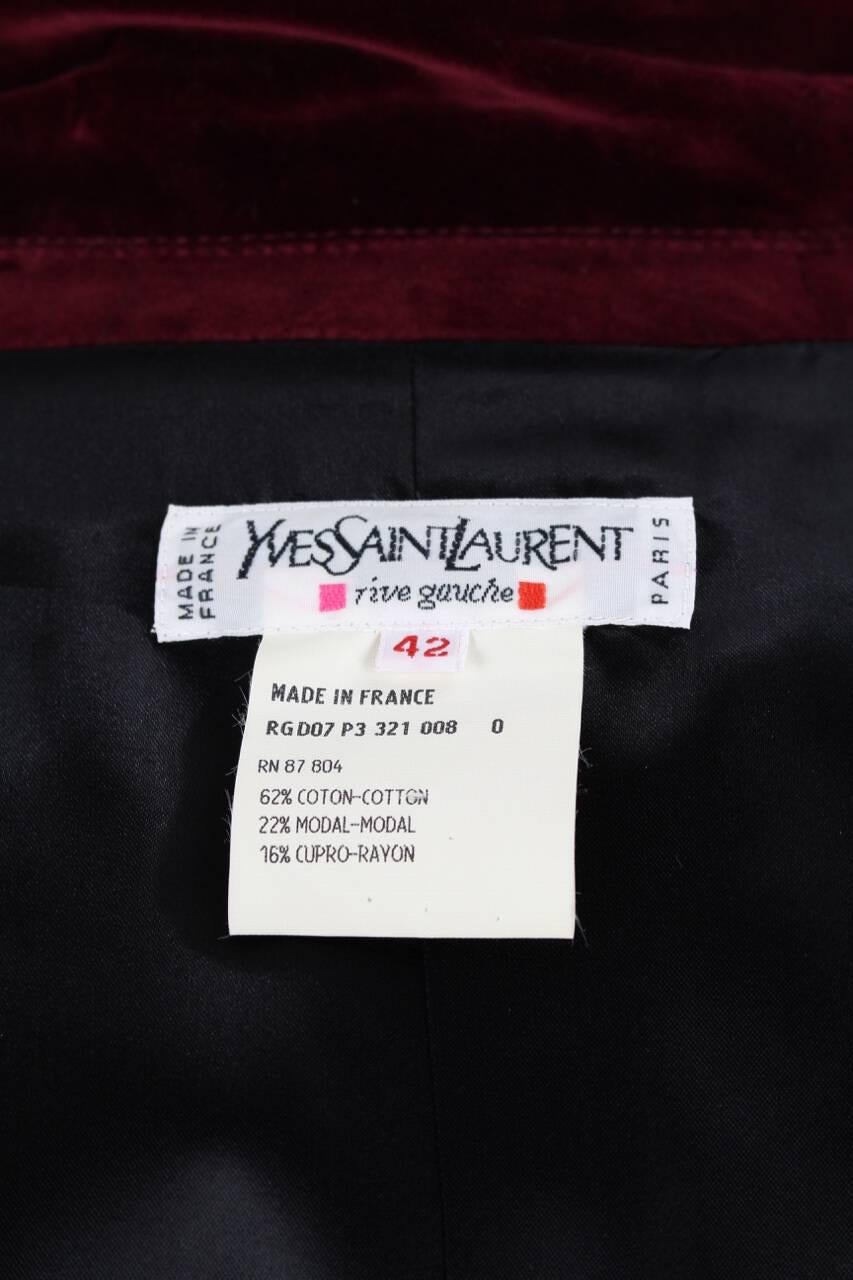 Black Yves Saint Laurent Vintage Burgundy Red Velvet Blazer Jacket with Ribbon Trim