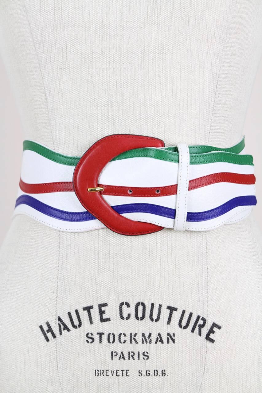 Gray Yves Saint Laurent YSL Wide White Green Red Blue Leather Waist Belt, 1980