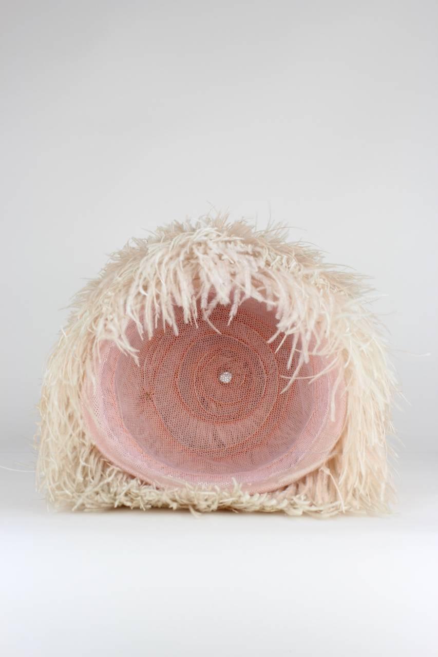 Beige Custom-Made Frosted Pink Ostrich Feather Hat, 1950s 