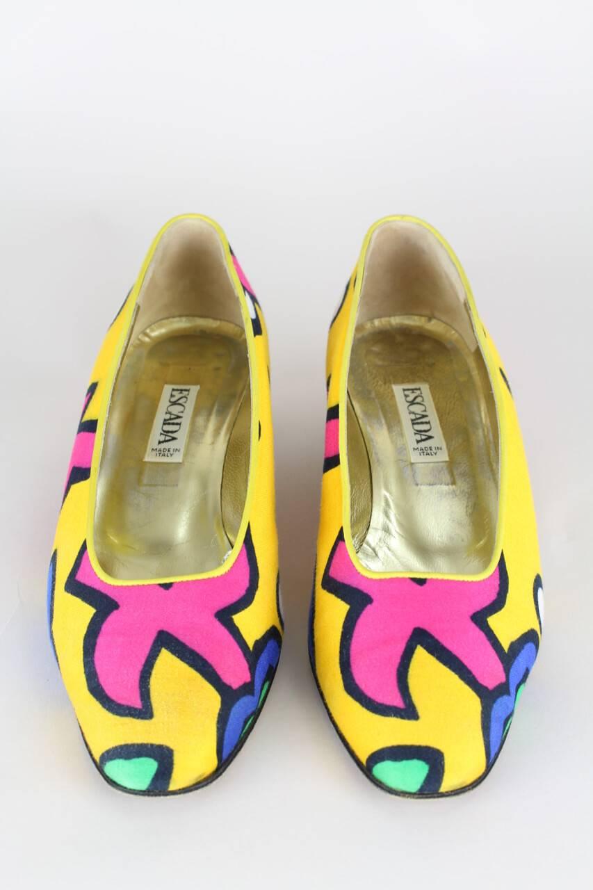 Women's Escada 1980s Yellow Bold Abstract Print Fabric Pumps