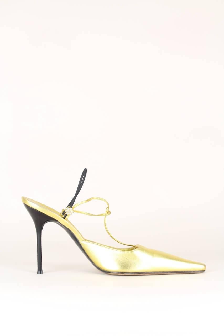 Giuseppe Zanotti 1990s Metallic Gold Leather Slingback Pumps With Rhinestones In Excellent Condition For Sale In Munich, DE
