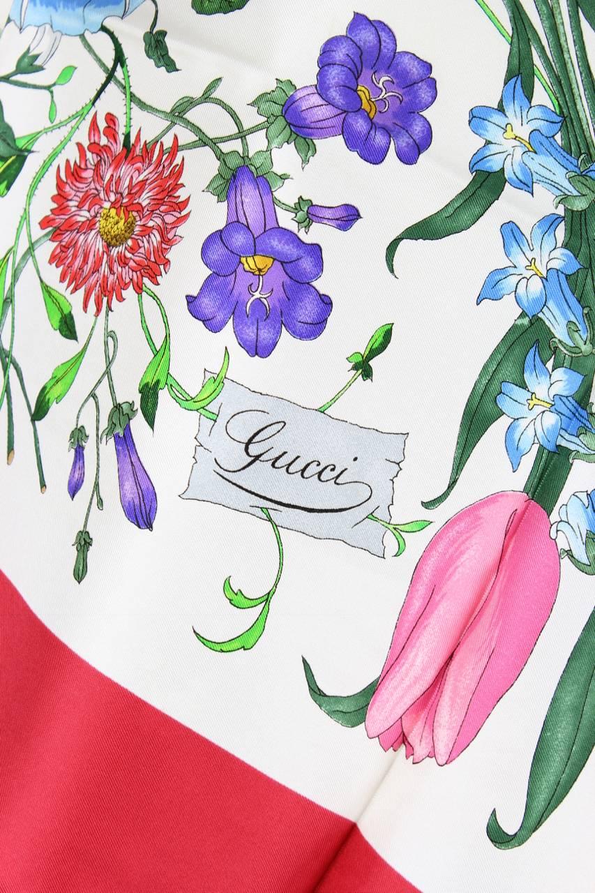 Gucci Flora Print Silk Scarf With Red Border, 1970s  2