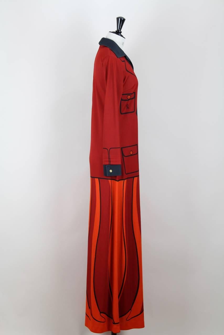 Roberta di Camerino Red Orange Jersey Trompe l'Oeil Print Maxi Dress, 1970s  In New Condition In Munich, DE