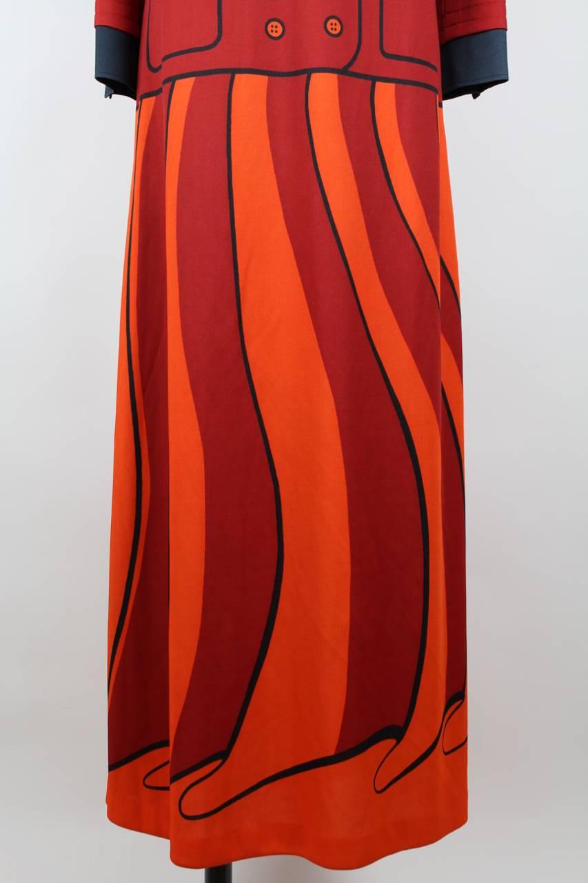 Roberta di Camerino Red Orange Jersey Trompe l'Oeil Print Maxi Dress, 1970s  1