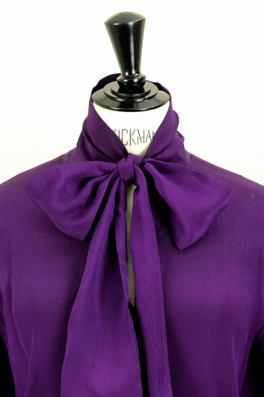 Women's Yves Saint Laurent YSL Purple Silk Bow Tie Blouse Gathered Shoulder, 1980s