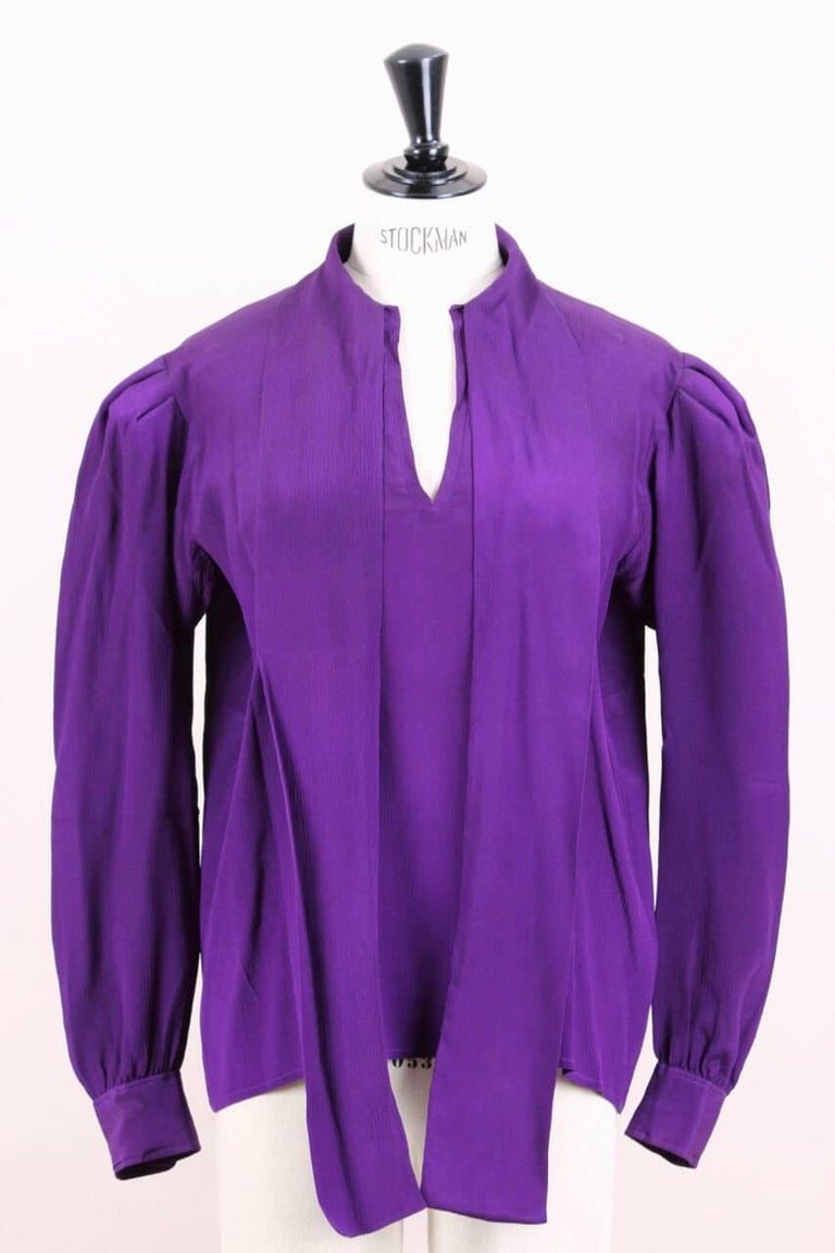 Yves Saint Laurent 1980s Purple Silk Bow Tie Blouse For Sale at 1stdibs