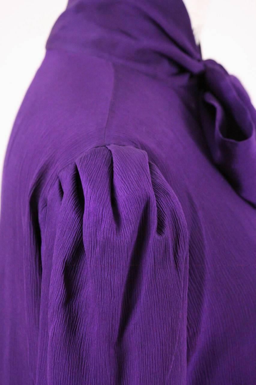 Yves Saint Laurent YSL Purple Silk Bow Tie Blouse Gathered Shoulder, 1980s 1