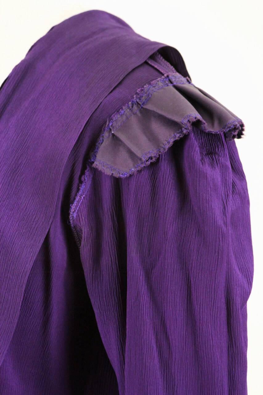 Yves Saint Laurent YSL Purple Silk Bow Tie Blouse Gathered Shoulder, 1980s 2