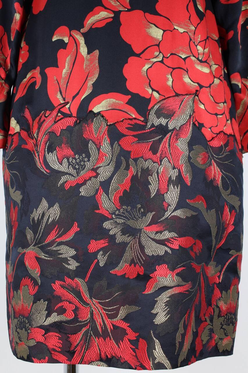 Women's Galanos 1980s Black And Red Floral Silk And Silk Brocade Dress