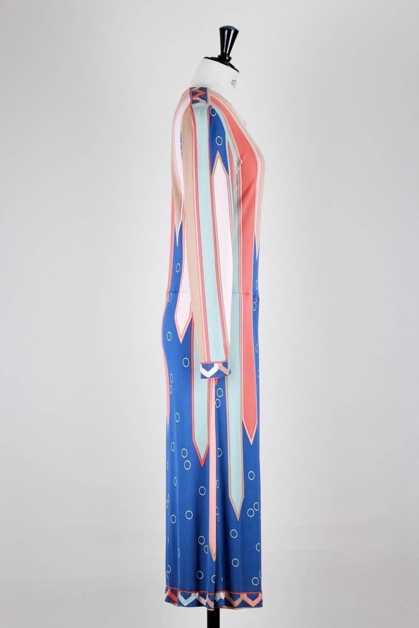Beige Emilio Pucci 1960s Vivara Art Déco Print Blue Rose Silk Jersey Drop Waist Dress