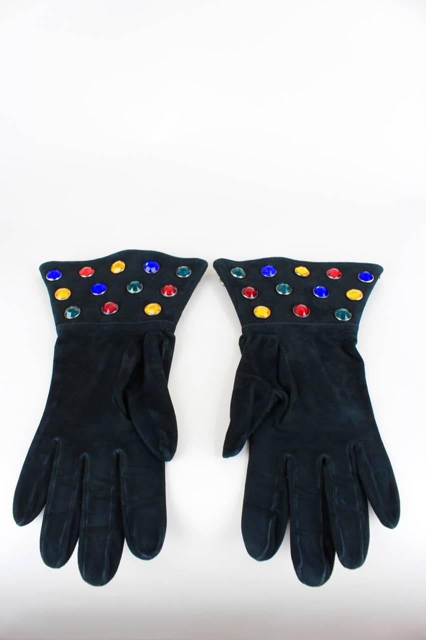 Yves Saint Laurent 1980s Rhinestone Embellished Black Suede Gloves In Excellent Condition In Munich, DE