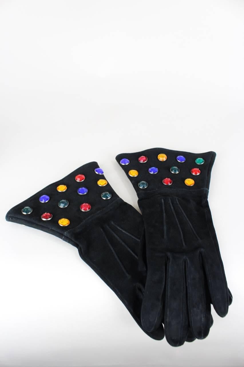 Women's Yves Saint Laurent 1980s Rhinestone Embellished Black Suede Gloves