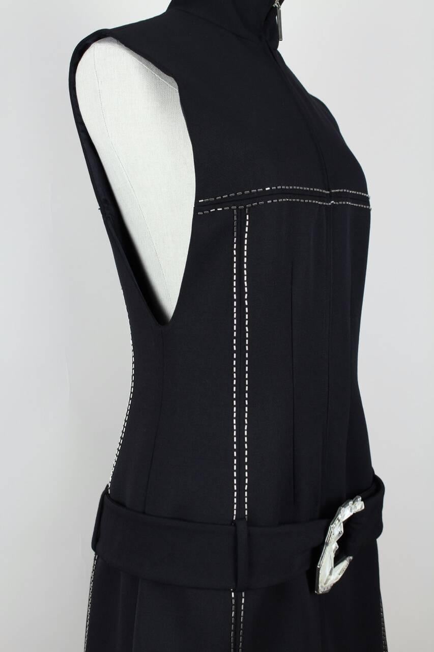 Women's Claude Montana 1990s Black Beaded Dress With Matching Rhinestone Adorned Belt
