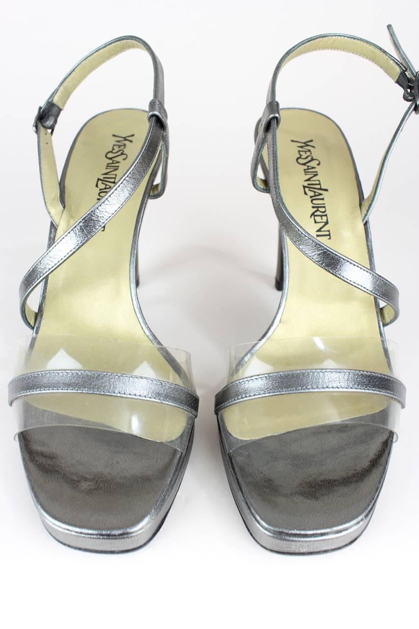 Yves Saint Laurent YSLUnworn Silver Leather & PVC Strap Sandals, 1970s  In New Condition In Munich, DE