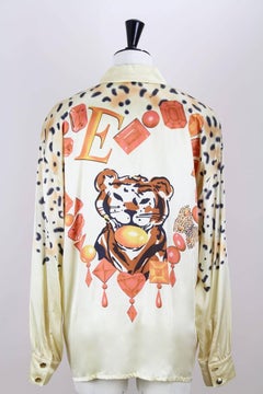 Escada 1991 Documented Light Yellow or Gold Animal And Gem Print Silk Blouse