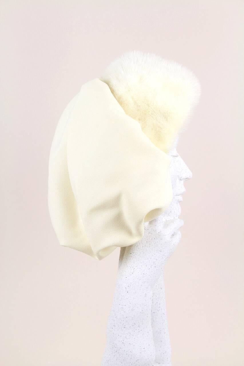 White Custom-Made 1950s Cream Bonnet-Style Hat With Mink Fur Trim