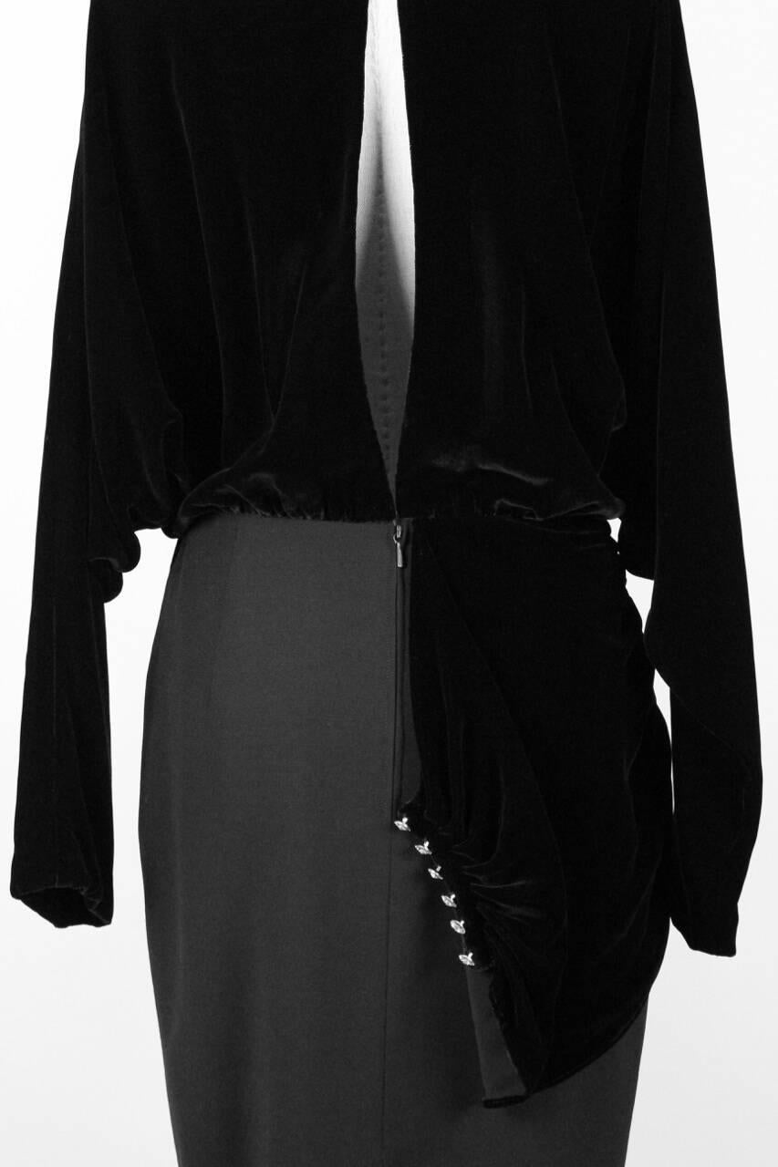 Louis Féraud 1980s Black Velvet And Wool Cocktail Dress With Rhinestone Buttons For Sale 3