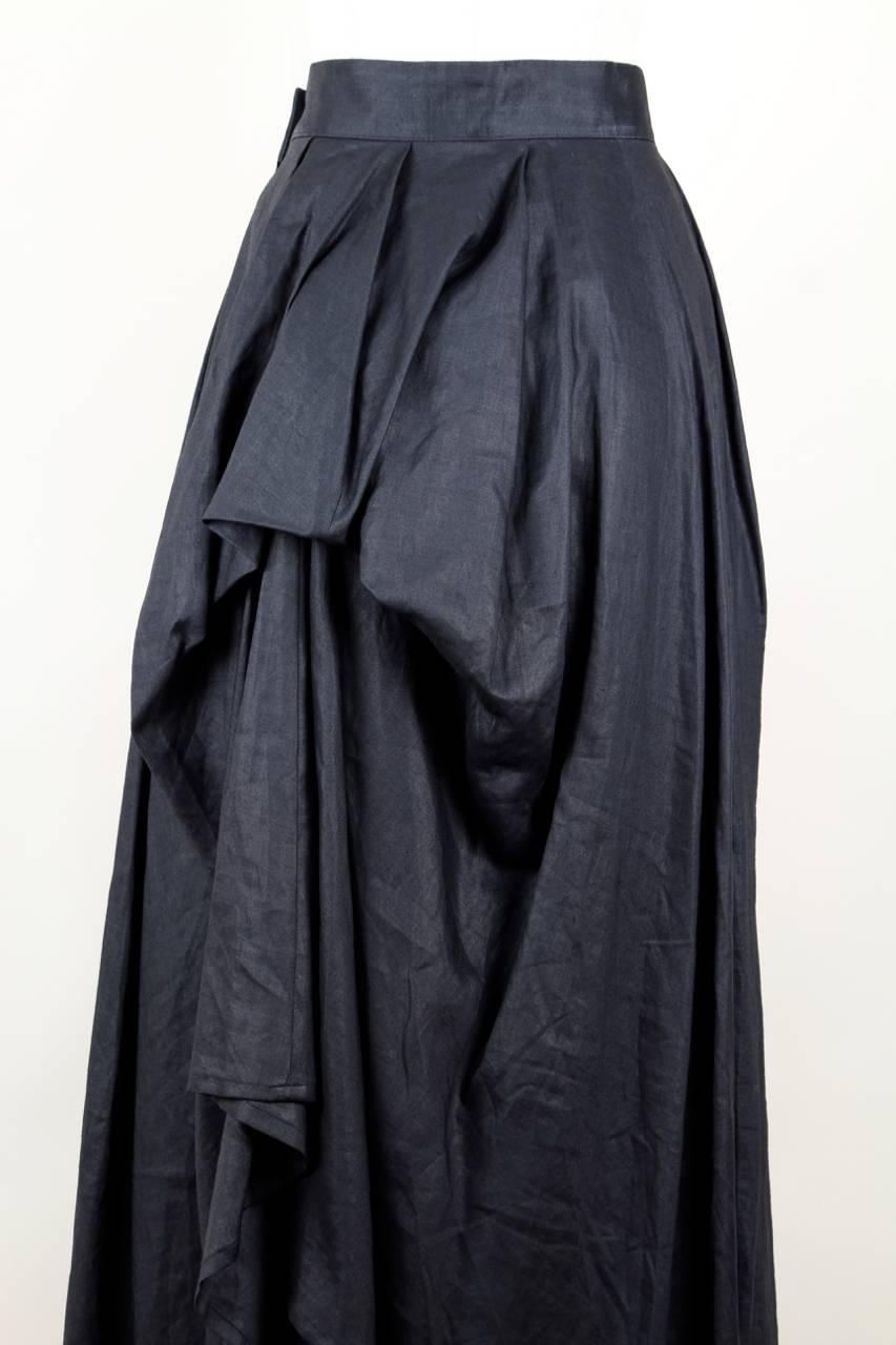 Women's Yohji Yamamoto Charcoal Grey Linen Draped Maxi Skirt, 1990s 
