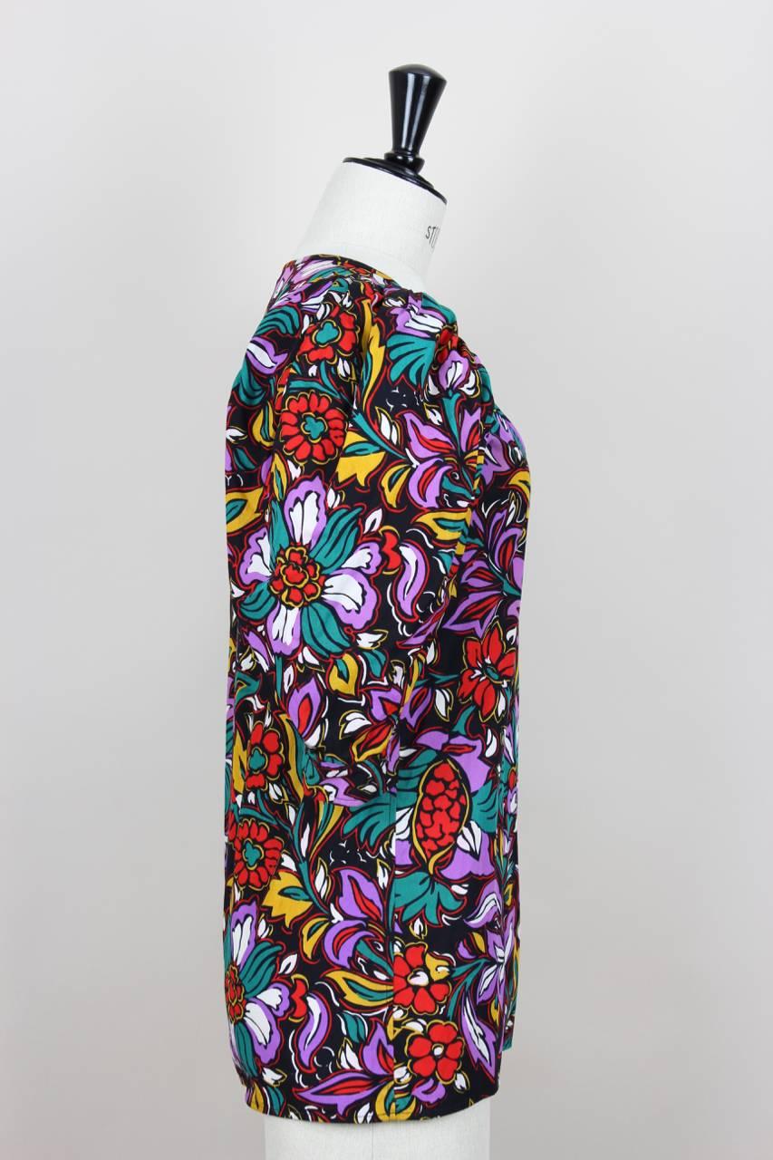 Black Yves Saint Laurent YSL Multi-Coloured Floral Print Cotton Peasant Blouse, 1980s