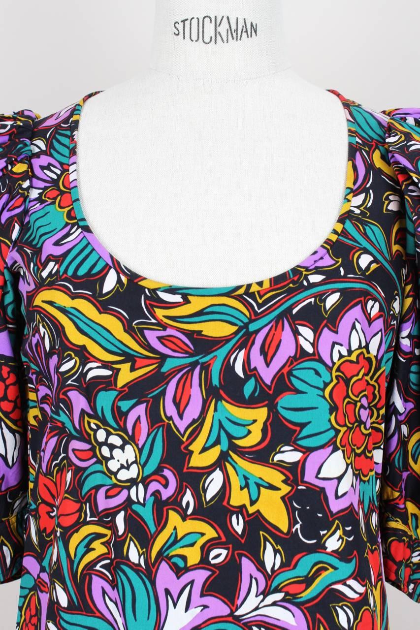 Women's Yves Saint Laurent YSL Multi-Coloured Floral Print Cotton Peasant Blouse, 1980s