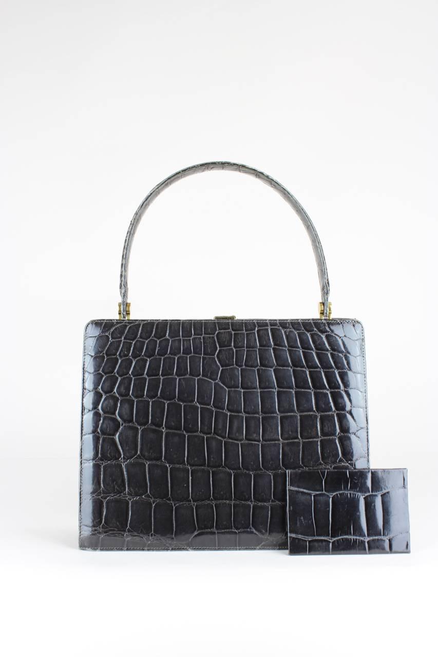 Shades Of Grey Crocodile Print Leather Top Handle Bag Matching Mirror, 1960s 3