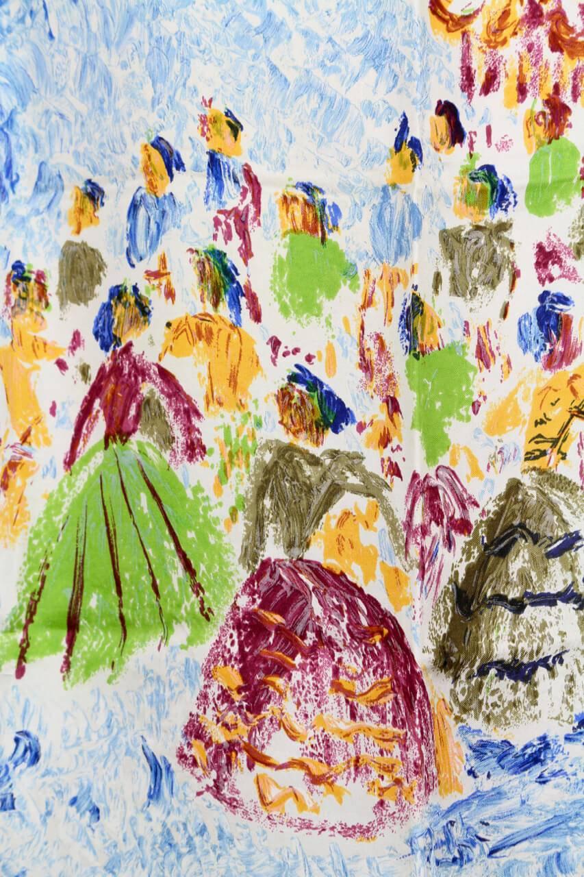 Jacques Fath 1950er Jahre Impressionistischer Stil Gemälde Kugelszene Seiden-Twill-Schal im Zustand „Hervorragend“ im Angebot in Munich, DE