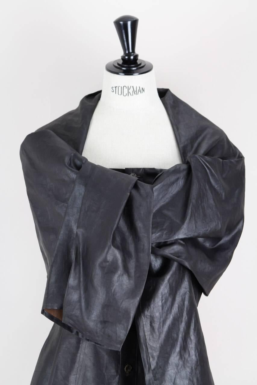 Black Yohji Yamamoto Charcoal Grey Coated Silk Dress With Draped Capelet Collar, 1990s