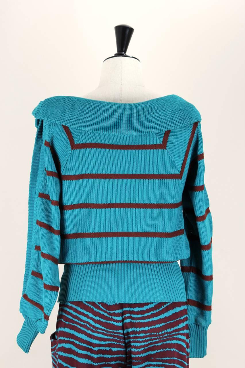 Yves Saint Laurent YSL 1980s Teal Green & Maroon Cotton Pullover & Trousers Set 1