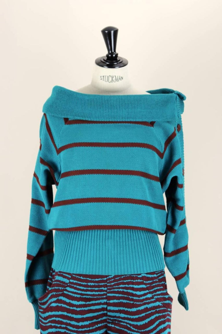 Yves Saint Laurent YSL 1980s Teal Green and Maroon Cotton Pullover and