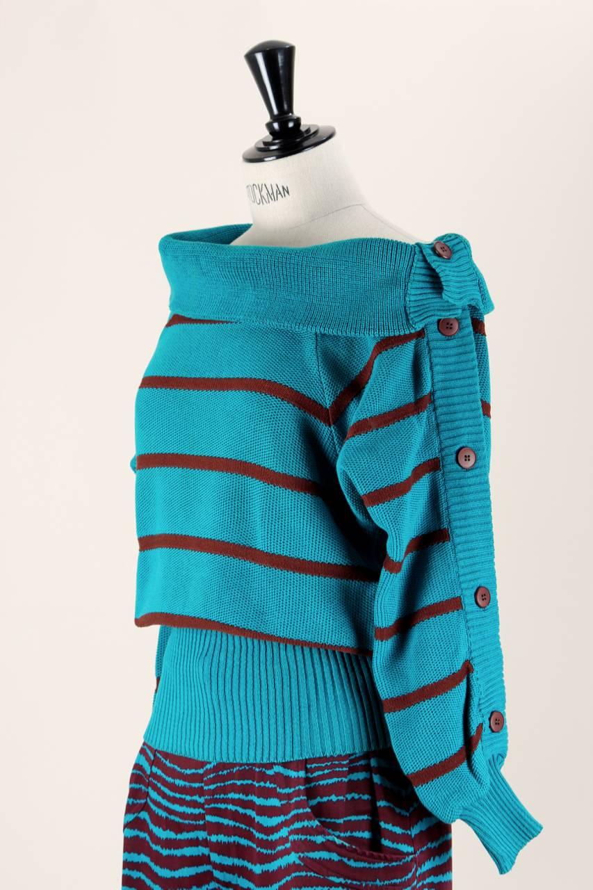 Yves Saint Laurent YSL 1980s Teal Green & Maroon Cotton Pullover & Trousers Set 2