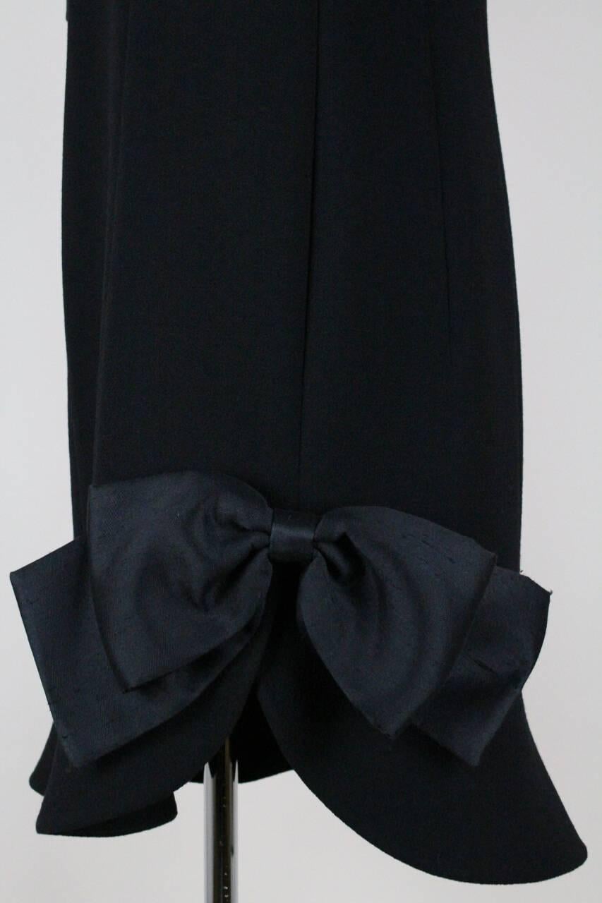 Little Black Wool Crêpe Evening Cocktail Dress With Exaggerated Raw Silk Bow For Sale 2