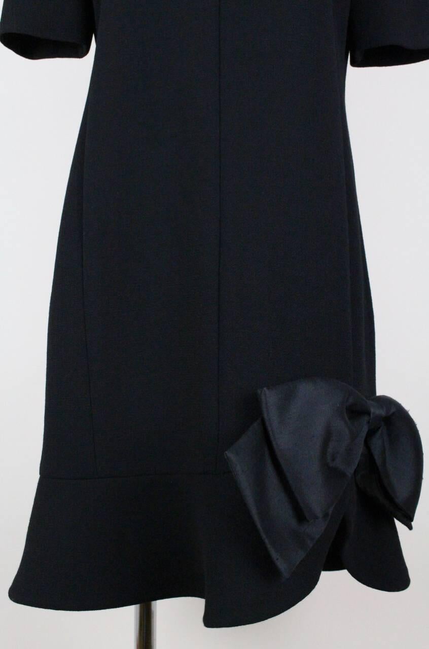 Little Black Wool Crêpe Evening Cocktail Dress With Exaggerated Raw Silk Bow For Sale 1