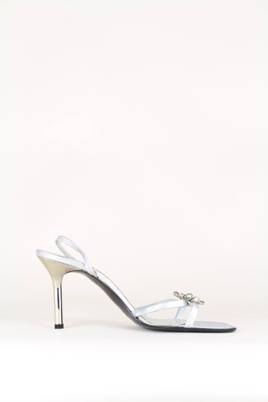 silver heels with iridescent rhinestones